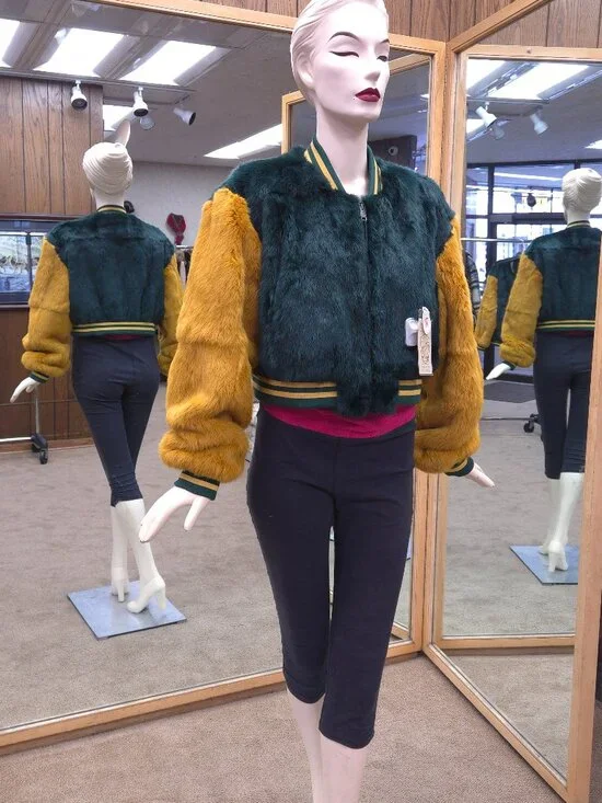 Green and Gold Rabbit Fur 24″ Short Bomber Jacket - Picture 3 of 4